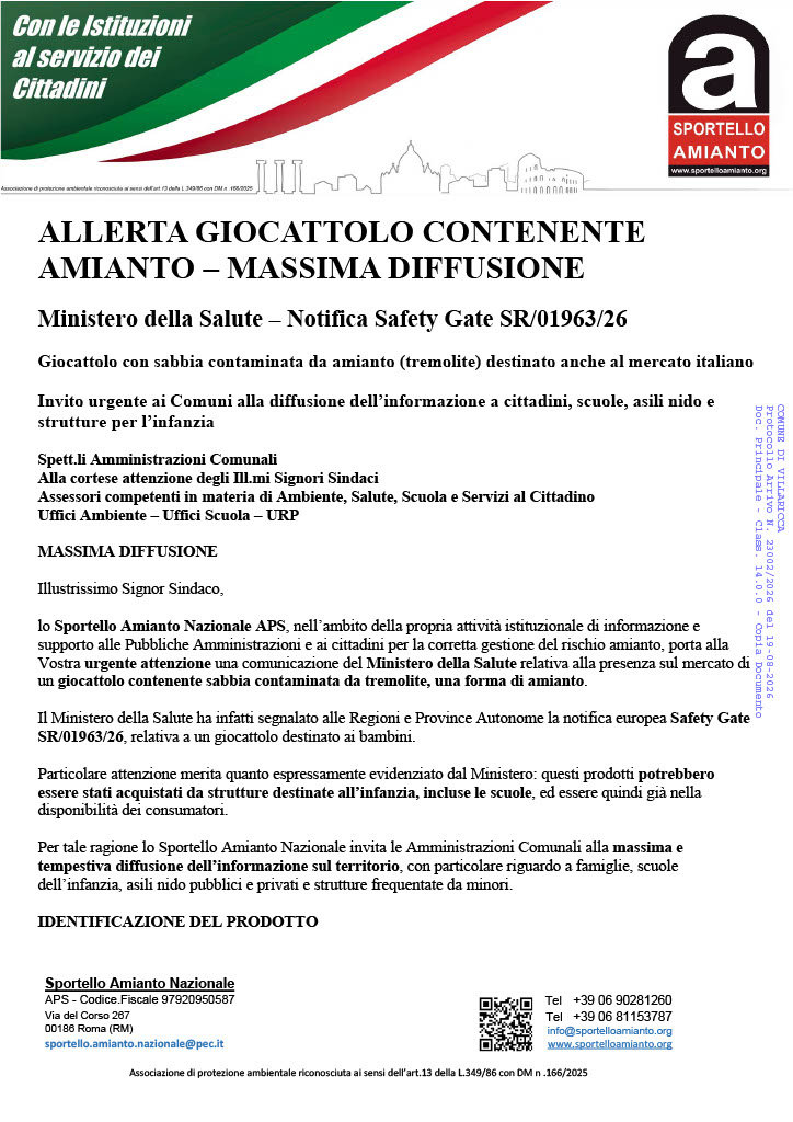 Avviso alla cittadinanza-Allerta giocattolo contenente amianto - Ministero della Salute – Notifica Safety Gate SR/01963/26